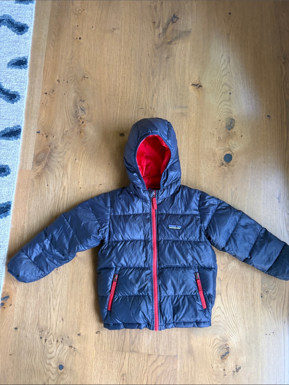 Patagonia Kids Hooded Puffer Jacket in Navy with Red Accents